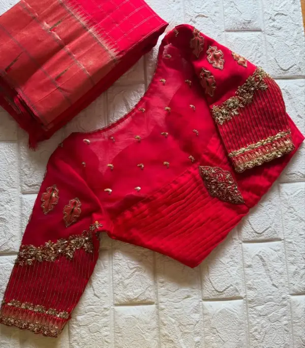 Statement Bridal Wear – Red Net Blouse with Rich Zardosi Embroidery