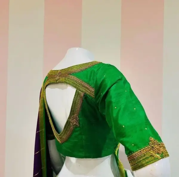 Stunning V-Neck Maggam Work Blouse – Enchanting Green for a Luxe Look