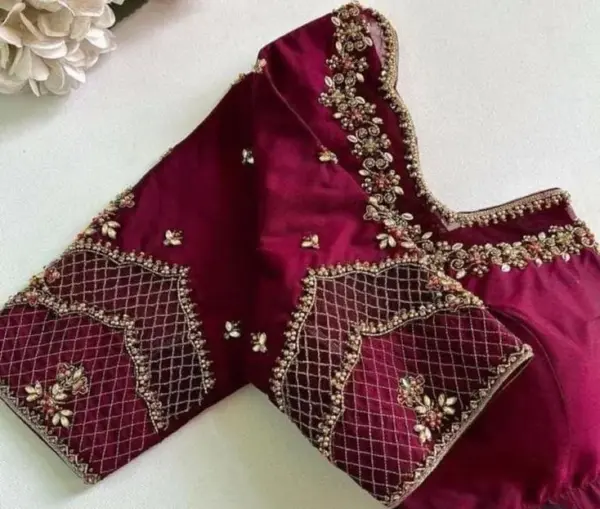 Stylish Wine Net Blouse with Traditional Maggam Embroidery