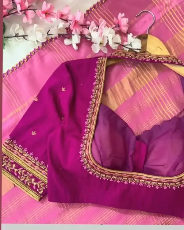 Chic Pink Collar Neck Maggam Work Blouse – Style Meets Sophistication!