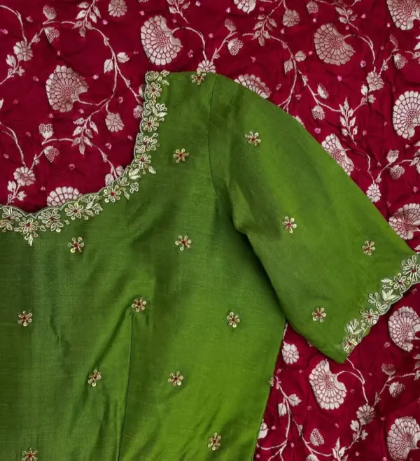 Elegant Charm – Green Raw Silk Minimal Maggam Work Blouse