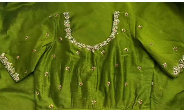 Elegant Charm – Green Raw Silk Minimal Maggam Work Blouse