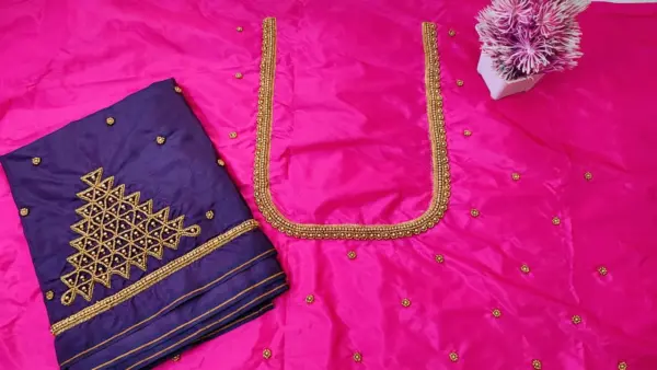 Elegant Traditional Checks Purple Aari Work Blouse – Limited Time Offer