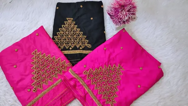 Elegant Traditional Checks Purple Aari Work Blouse – Limited Time Offer