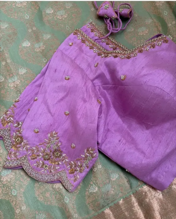 Enchanting Lavender – Designer Zardosi Work Blouse in Raw Silk