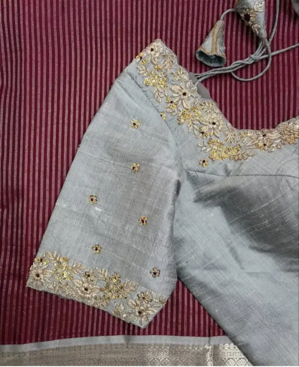 Luxury in Every Thread – Grey Raw Silk Zardosi Maggam Blouse