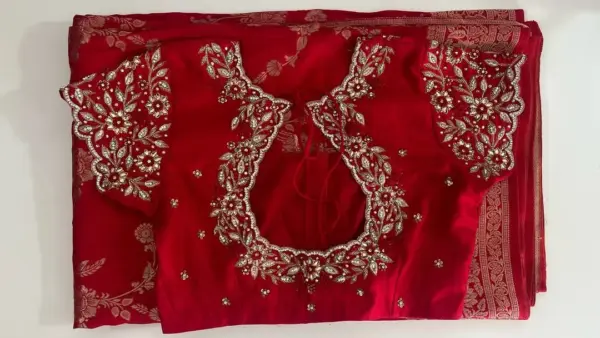 Radiant Elegance – Designer Red Blouse with Gold & Silver Maggam Highlights