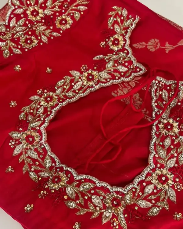 Radiant Elegance – Designer Red Blouse with Gold & Silver Maggam Highlights