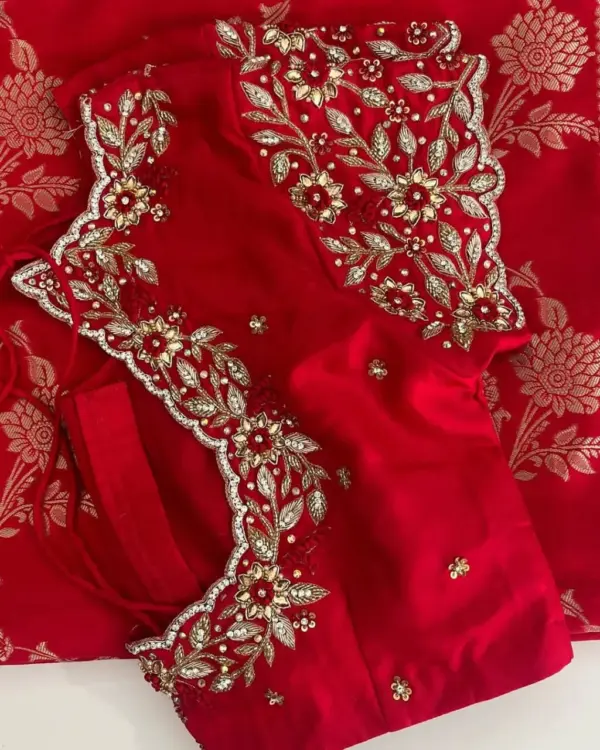 Radiant Elegance – Designer Red Blouse with Gold & Silver Maggam Highlights