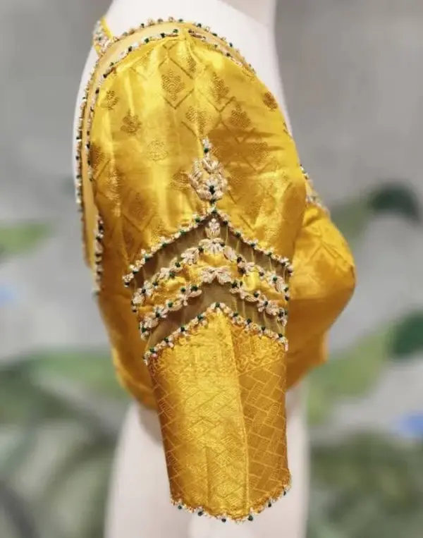 Radiant Golden Yellow Net Maggam Work Blouse – A Designer Dream
