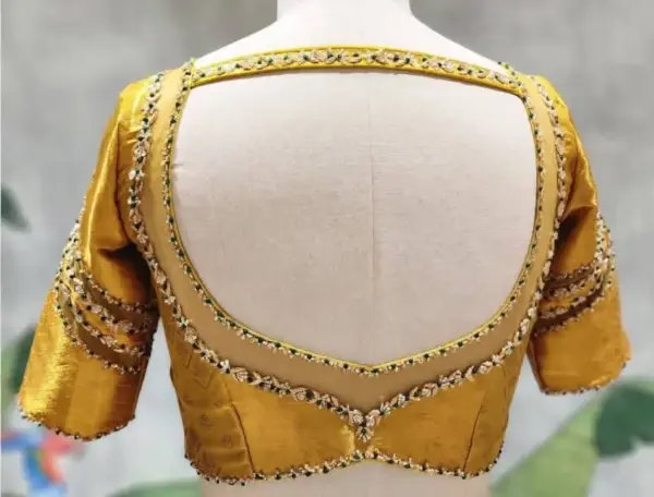 Radiant Golden Yellow Net Maggam Work Blouse – A Designer Dream