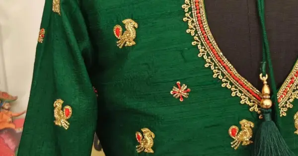 Regal Bottle Green Boat Neck Blouse – Peacock Maggam Masterpiece!