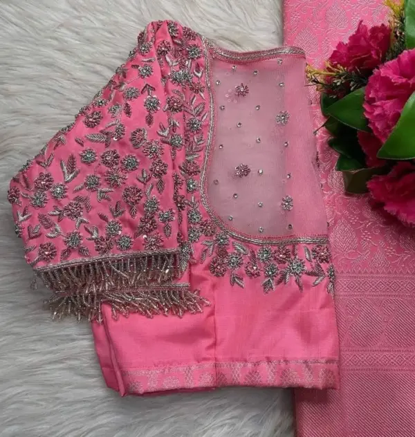 Stunning Baby Pink Zardosi Aari Work Blouse – Perfect for Bridal Glam!