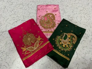Baby Pink Buti Maggam Work Blouse – Elegant Half Pattu Design 10