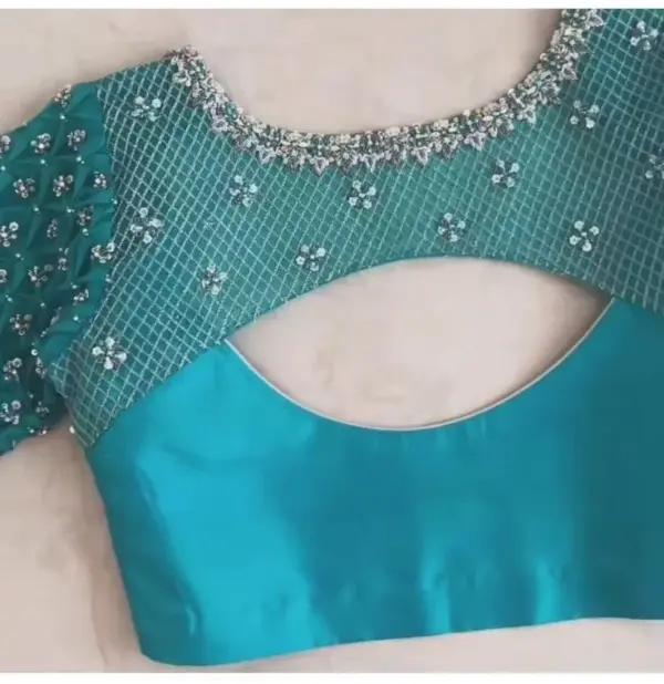 Celestial Charm: Sky Blue Net Blouse with Pearl Checks Work