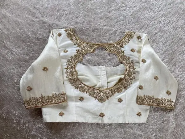 Elegant Creme Raw Silk Blouse – Timeless Designer Aariwork for Weddings & Festive Looks