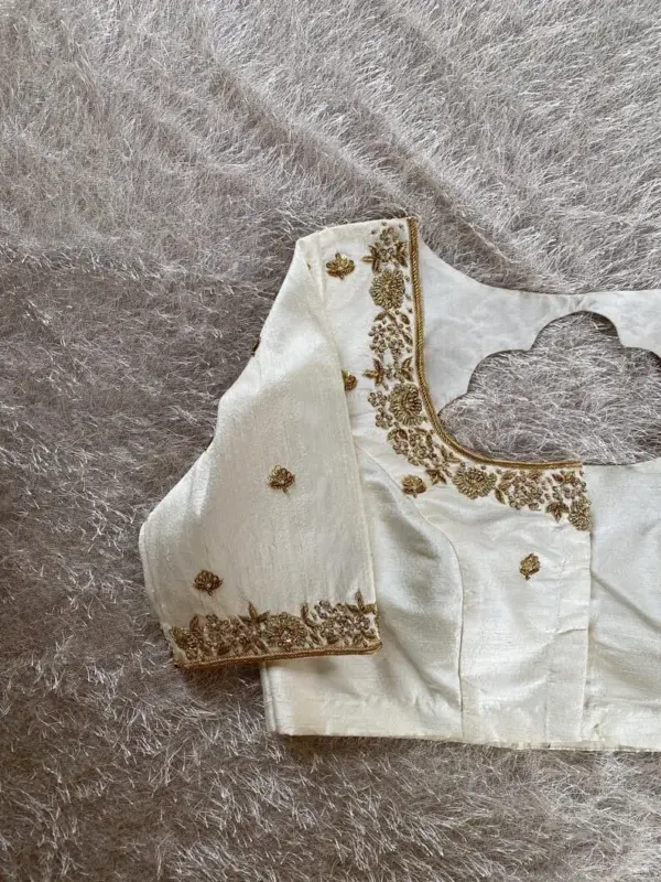 Elegant Creme Raw Silk Blouse – Timeless Designer Aariwork for Weddings & Festive Looks