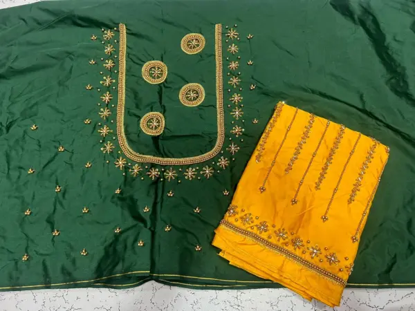 Grab the Deal! Designer Bottle Green Aari Work Blouse with Lined Detailing