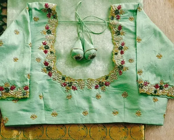 Regal Pista Green Zardosi Maggam Work Blouse – Bridal Elegance Redefined