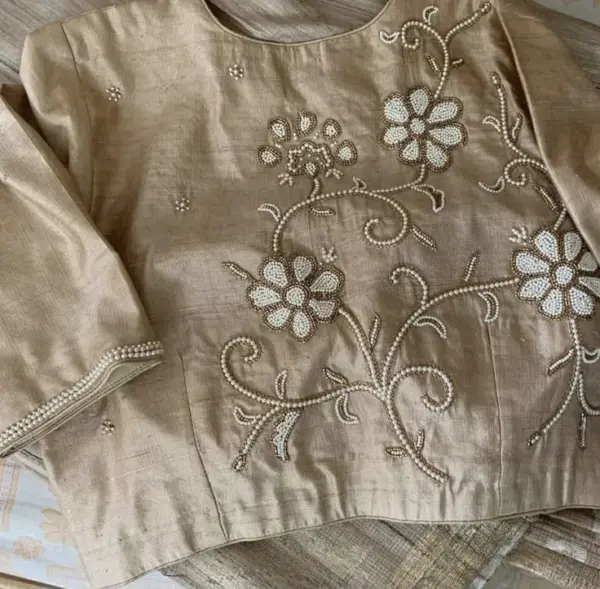 Timeless Beauty: Ivory Pearl Aari Work Boat Neck Blouse for Elegant Occasions