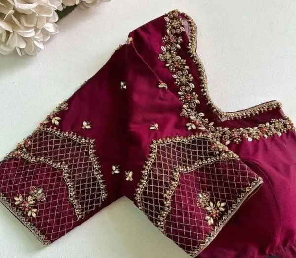 Timeless Beauty: Wine Designer Maggam Work Blouse with Trendy Checks