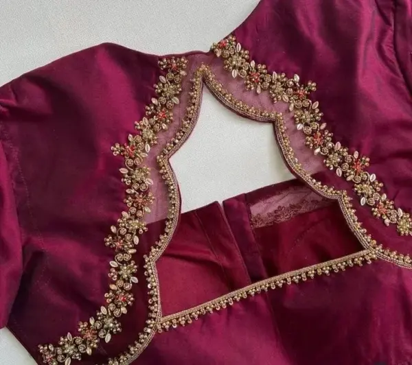 Timeless Beauty: Wine Designer Maggam Work Blouse with Trendy Checks