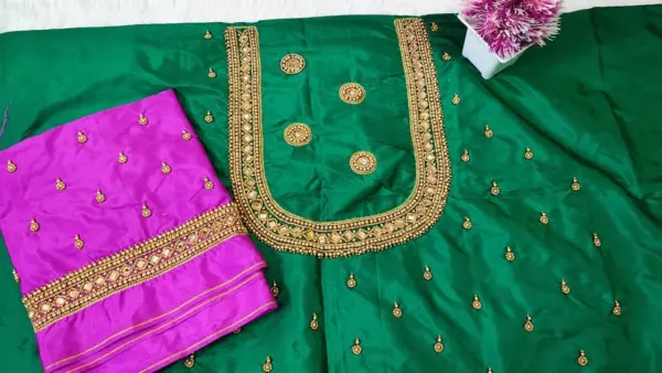 Timeless Charm: Beads Buti Aari Work Blouse with Sleek Border Detailing