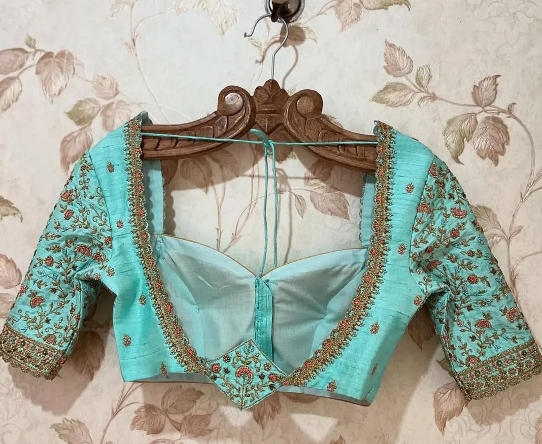 Cyan Blue V-Neck Wedding Blouse Latest Designer Maggam Elegance