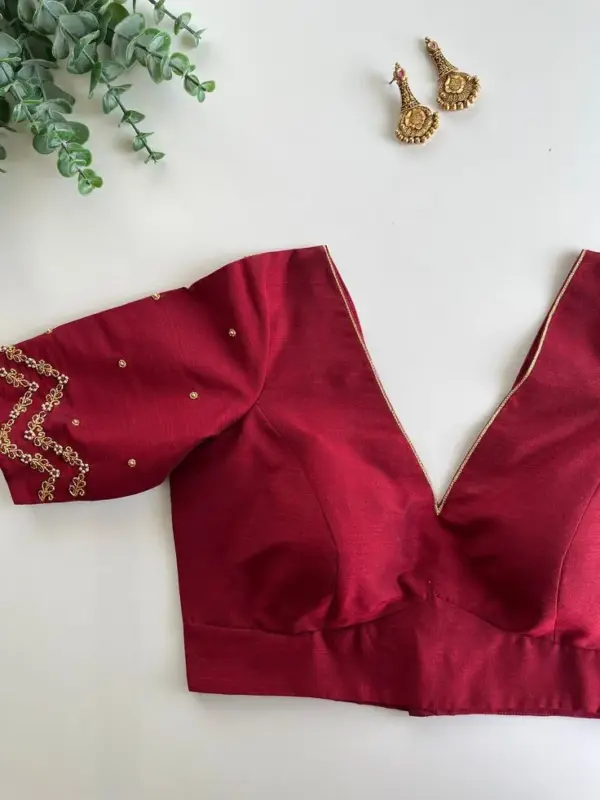 Elegant Dark Red V-Neck Maggam Work Blouse Minimal Yet Majestic