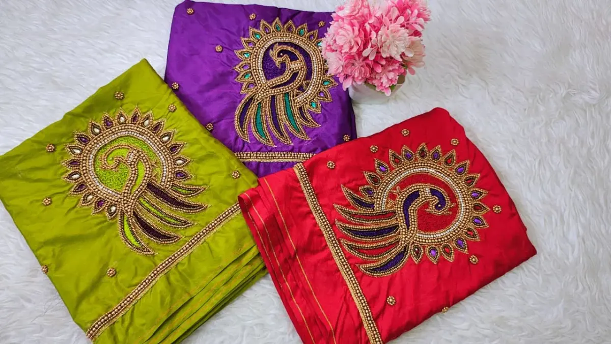 Elegant Peacock Bliss Blue Aari Work Blouse at Special Offer 10
