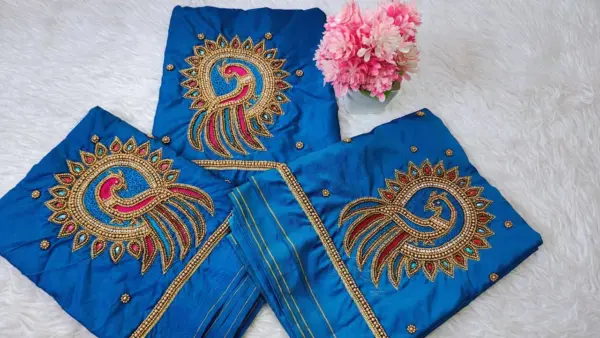 Elegant Peacock Bliss Blue Aari Work Blouse at Special Offer