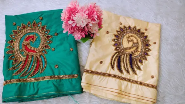 Elegant Peacock Bliss Blue Aari Work Blouse at Special Offer