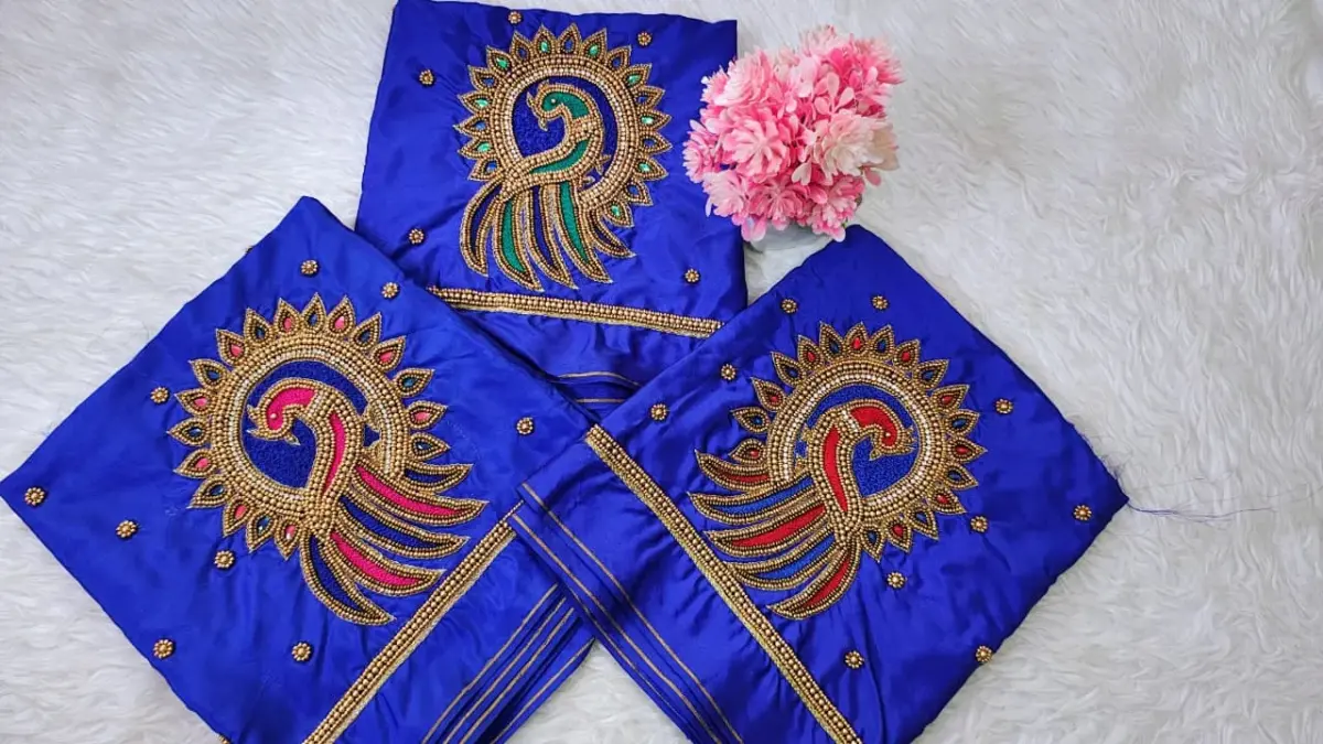 Elegant Peacock Bliss Blue Aari Work Blouse at Special Offer 7