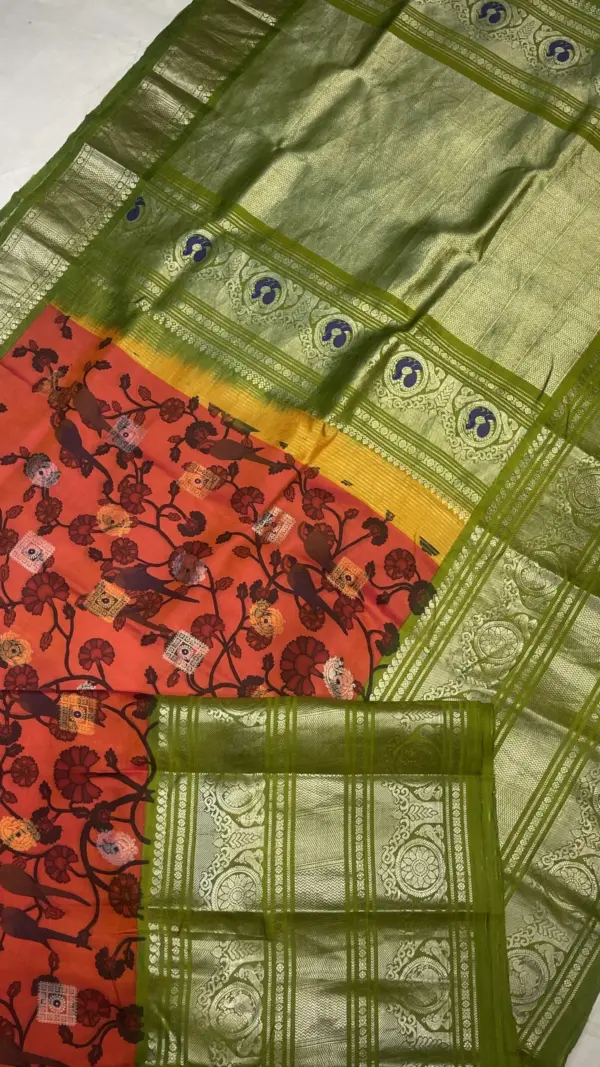 Exclusive Gadwal Silk Saree with Full Body Eco Prints & Kuthu Interlock Weaving