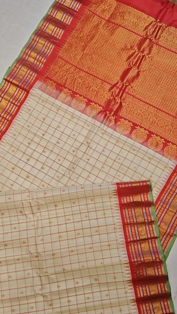 Exquisite Gadwal Body Checks Silk Saree with Gorgeous Temple Border & Pallu