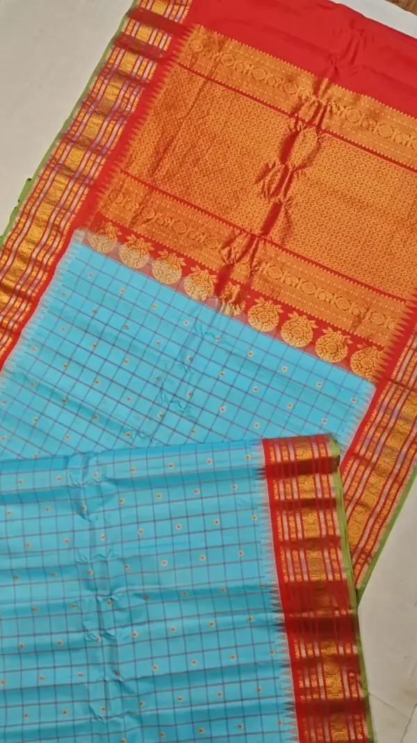 Exquisite Gadwal Body Checks Silk Saree with Gorgeous Temple Border & Pallu