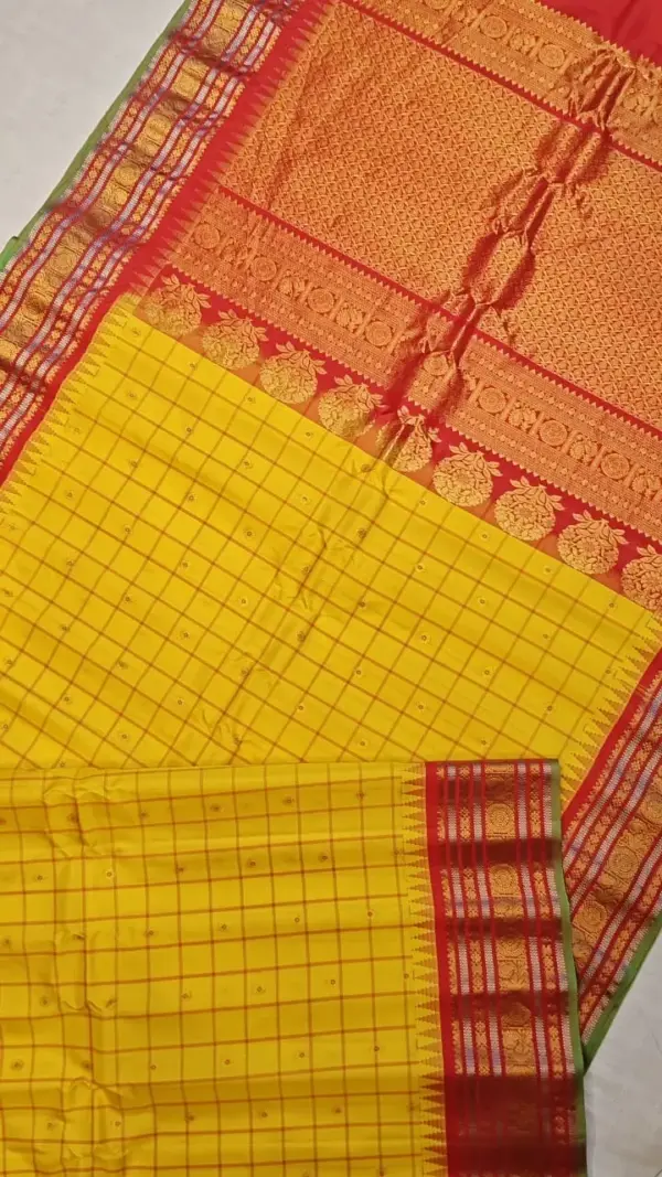 Exquisite Gadwal Body Checks Silk Saree with Gorgeous Temple Border & Pallu