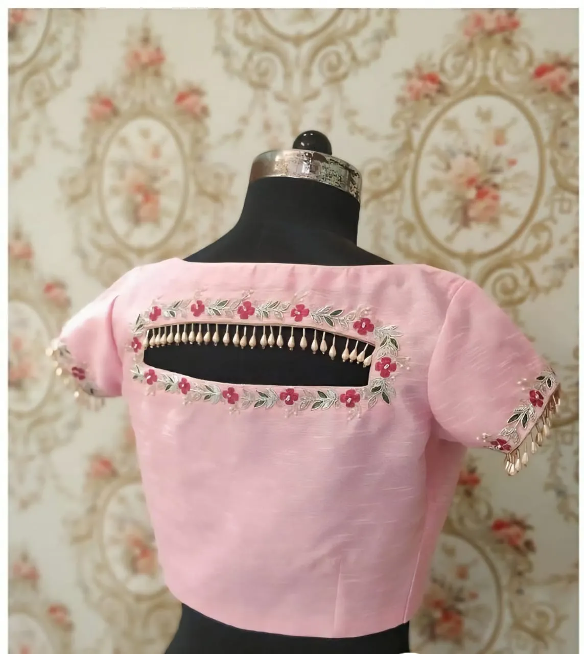 Flawless Baby Pink Partywear Blouse with Sleek Boat Neck Design