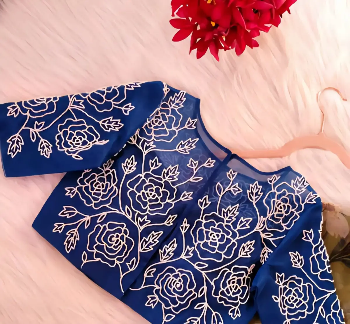 Glamour Unleashed: All-Over Pearl Embellished Blue Blouse