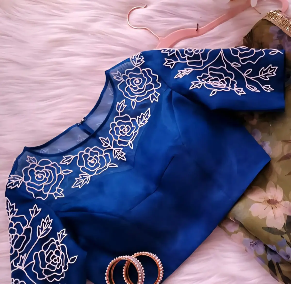 Glamour Unleashed: All-Over Pearl Embellished Blue Blouse