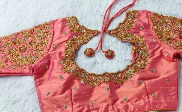 Grand Peach Bridal Couture Blouse with Rich Maggam Embellishments