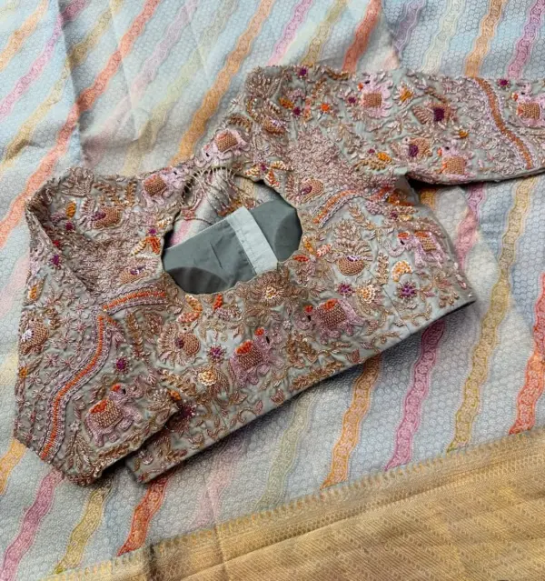 Grey Maggam Work Bridal Blouse for Wedding | Heavy Zardosi Embroidery | Custom Designer Blouse for Pattu Saree