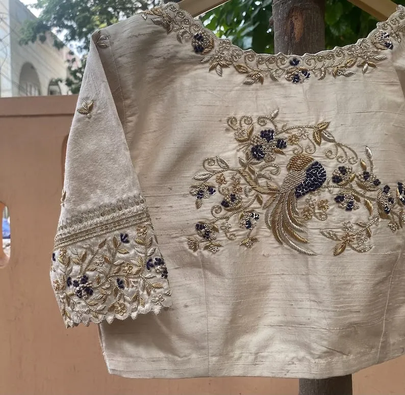 Half White Peacock Zardosi Maggam Work Blouse Regal Elegance in Every Stitch