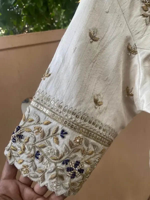 Half White Peacock Zardosi Maggam Work Blouse Regal Elegance in Every Stitch