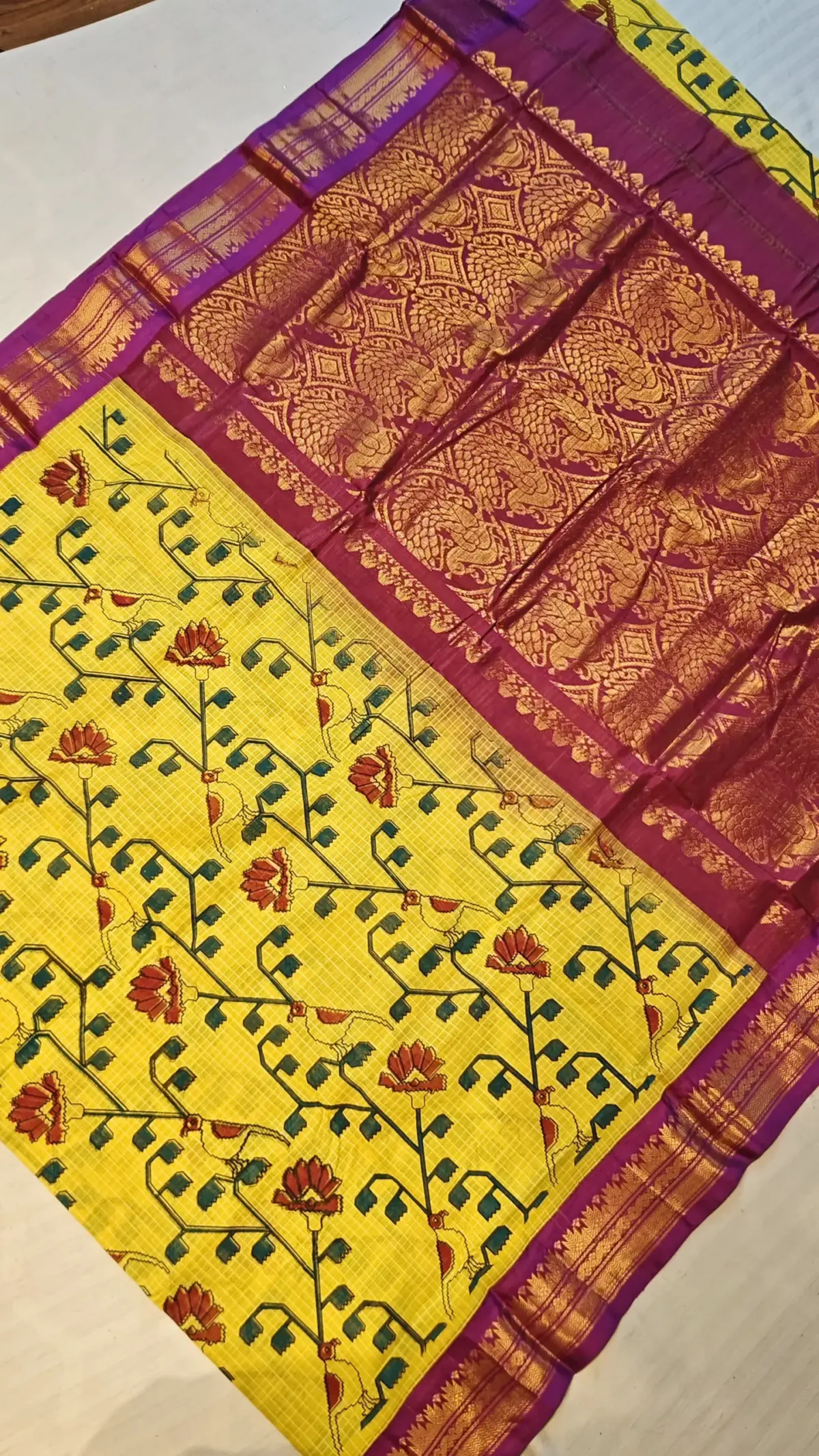 Heritage Gadwal Cotton Kalamkari Saree Masterpiece in Kuthu Interlock Weaving