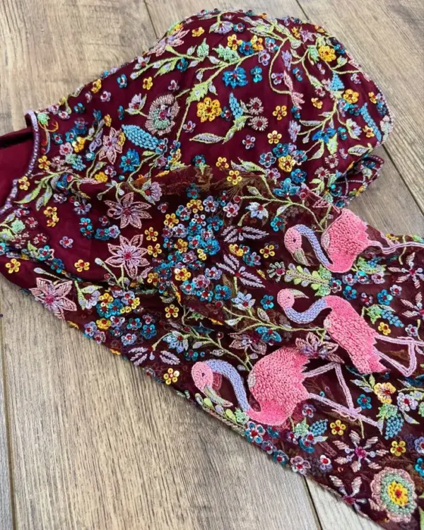 Majestic Maroon Flamingo Embroidery Blouse A Bold Bridal Statement