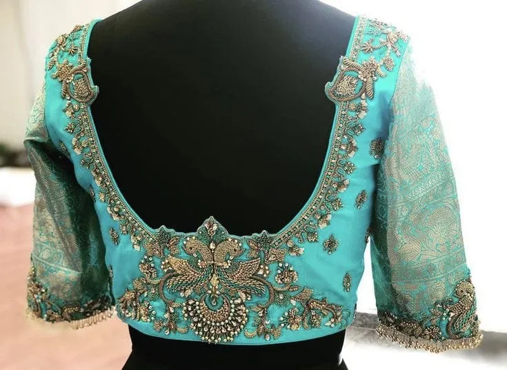 Majestic Sky Blue Raw Silk Peacock Blouse – Royal Festive Edition