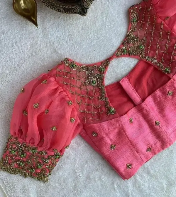 Peach Puff Sleeves Bridal Blouse Custom Maggam Work Elegance for Your Big Day
