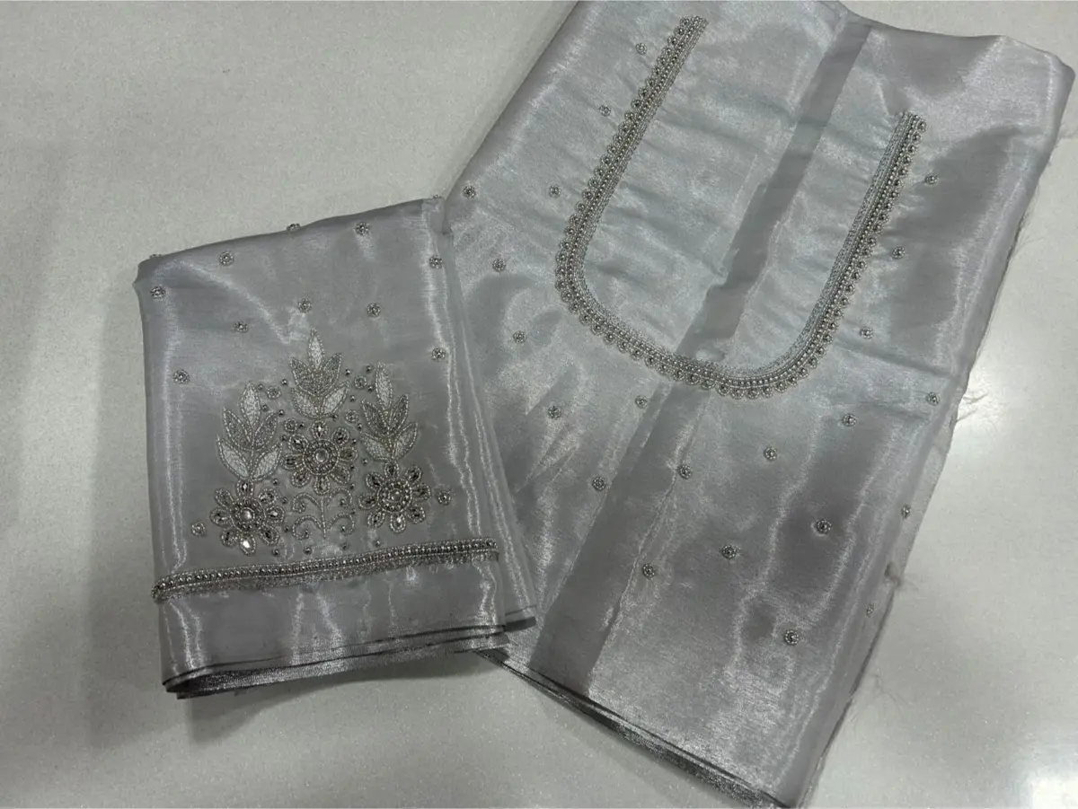 Premium Silver Tissue Blouse with Beads & Aari Work Limited Time Offer