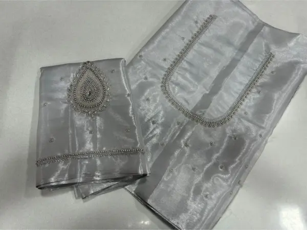Premium Silver Tissue Blouse with Beads & Aari Work Limited Time Offer